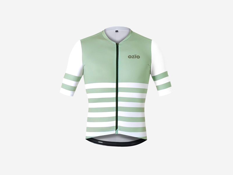 Maillot vélo marinière amande-blanc vu de face
