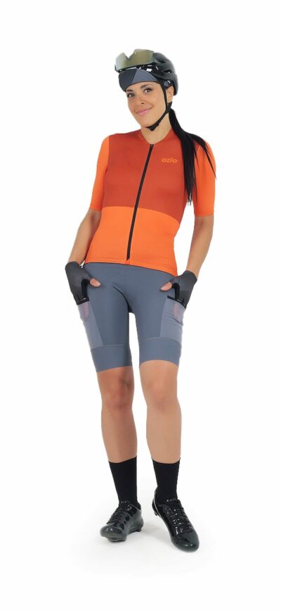 Maillot vélo femme ALLROAD orange et cuissard vélo femme TITAN gris